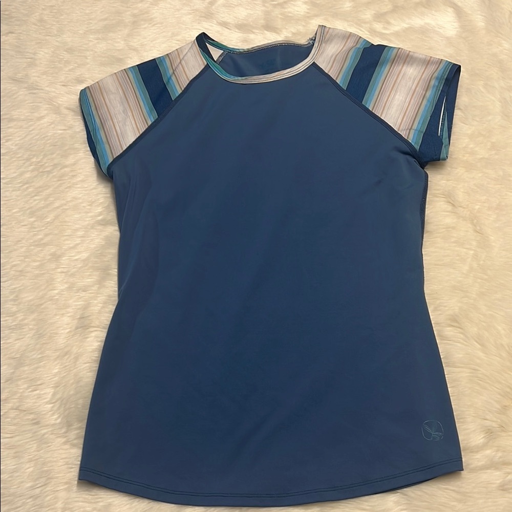 Carve Designs Blue Short Sleeve Tee with Striped Shoulder Panels